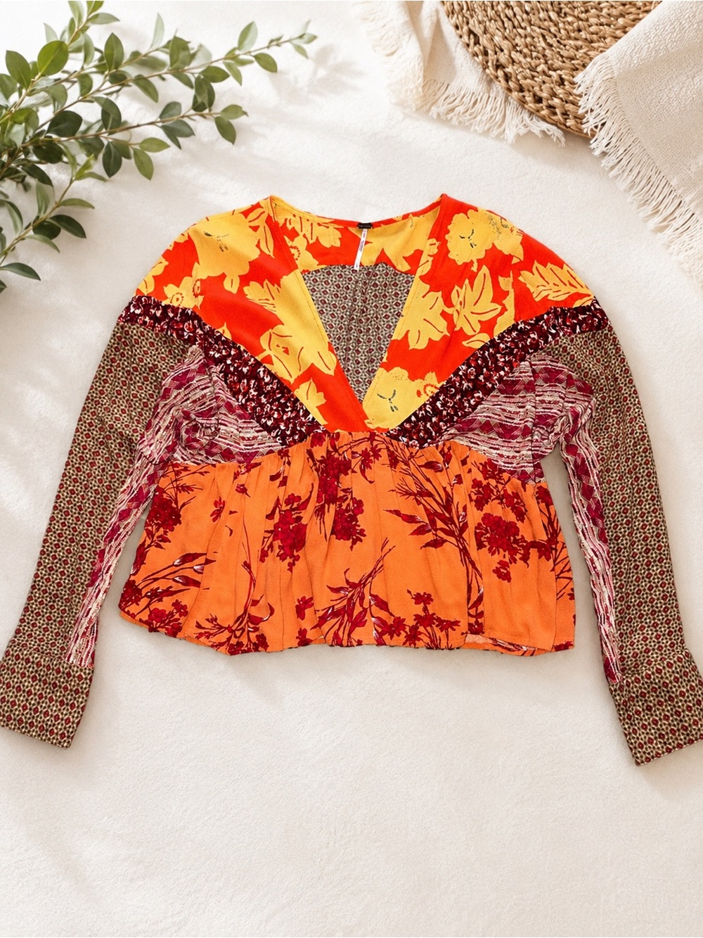 Free People Mixed Floral Patchwork Blouse in Orange & Yellow